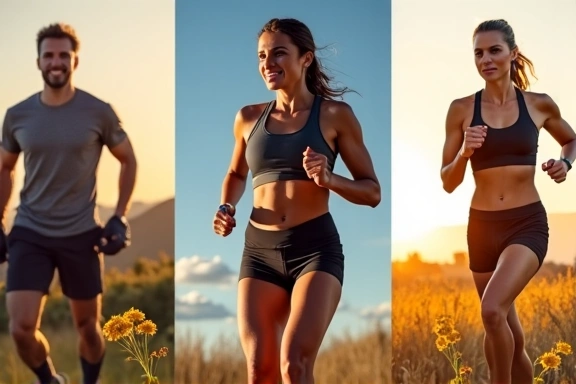 A diverse group of people engaged in different health activities like weightlifting, running, and yoga, representing specialized nutrition programs.